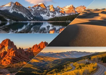 Epic Colorado landscape collage featuring snow-capped Rocky Mountains, red rock formations, alpine lake reflection, sand dunes, and a scenic mountain road.