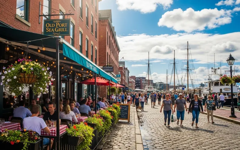 Portland Old Port cobblestone street, harbor boats, seafood restaurant patio