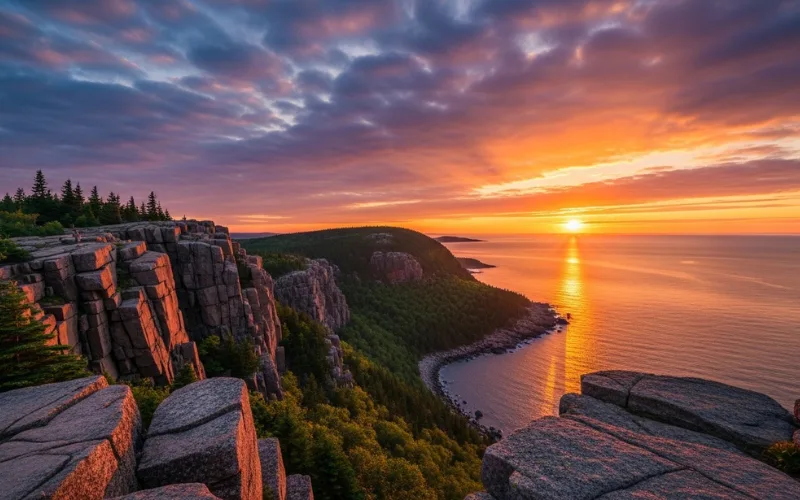 Sunrise at Cadillac Mountain, Acadia National Park, glowing sky over ocean, dramatic cliffs