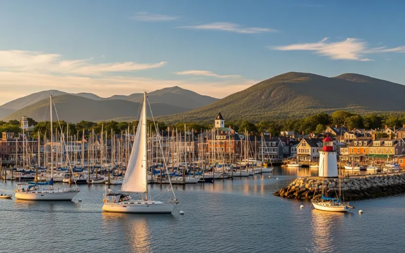 Midcoast Maine harbor in Camden, sailboats and mountains