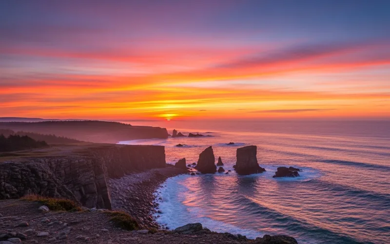 Cadillac Mountain sunrise, glowing sky over Atlantic Ocean