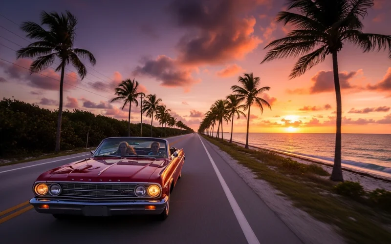 A cinematic road trip image of a convertible car driving along a scenic Florida coastal highway.