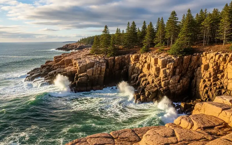 Acadia National Park coastline, granite cliffs, ocean waves, pine trees
