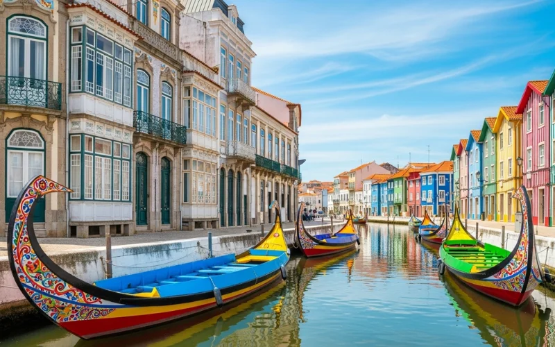 Colorful moliceiro boats on canal, Art Nouveau facades, striped Costa Nova houses.