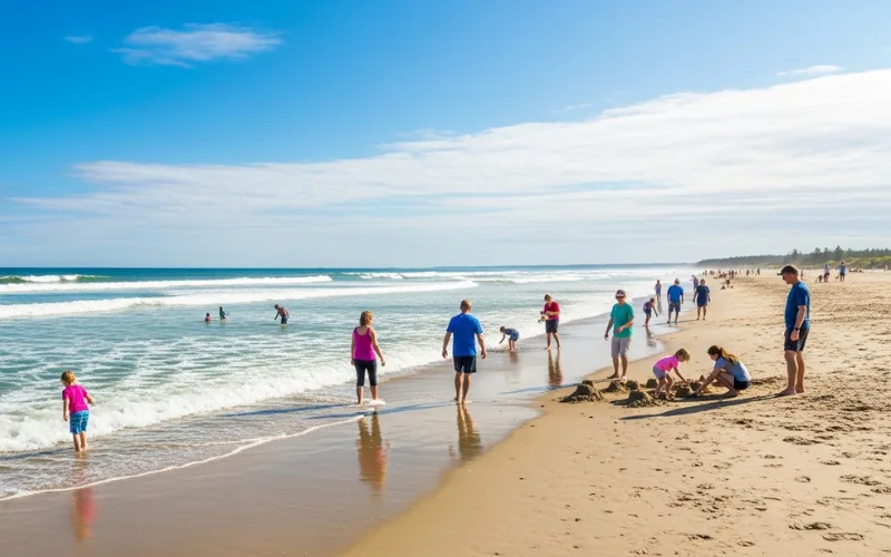Wide Maine sandy beach, gentle waves, families walking shoreline, bright blue sky