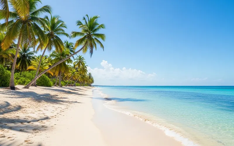 White sand beach with crystal clear turquoise water, palm trees, bright Caribbean sunshine.