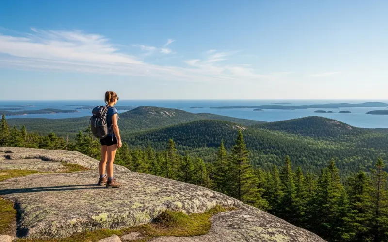 Maine mountain trail overlooking ocean and forest, hiker on granite ledge