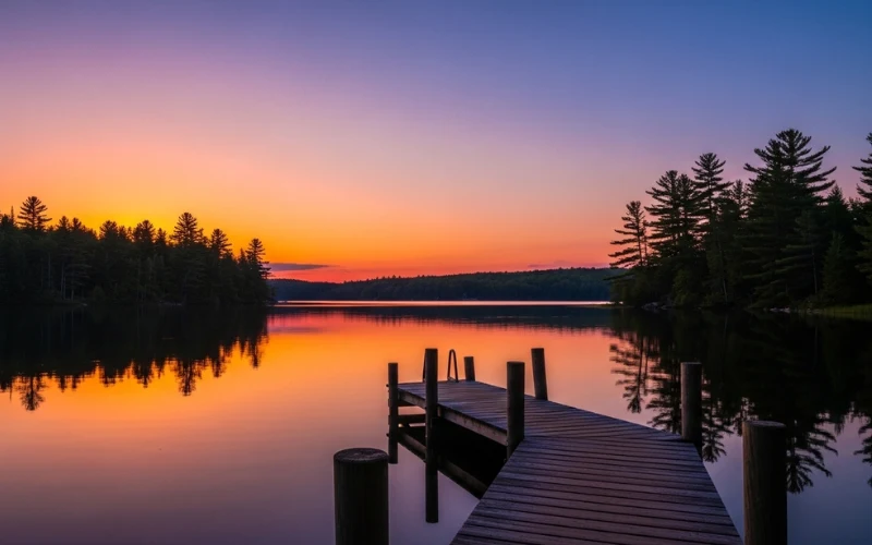 Maine forest lake at sunset, calm water reflections, wooden dock, pine trees