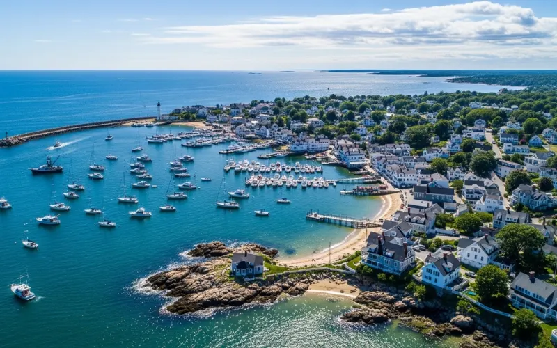 Charming Maine harbor town aerial view, sailboats, white clapboard houses, ocean backdrop