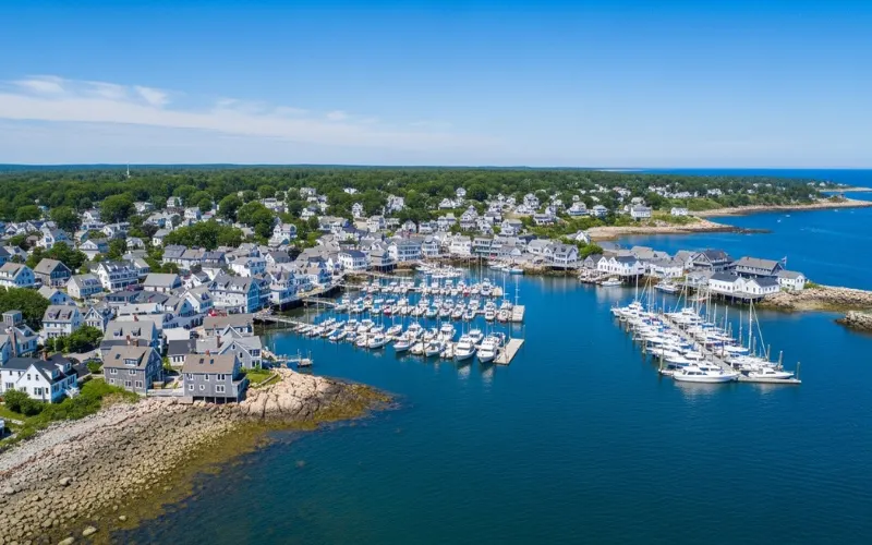 Aerial view of classic Maine coastal town, harbor full of boats, white houses