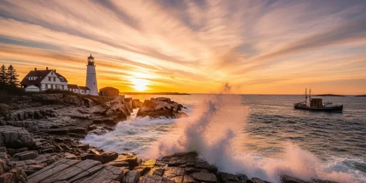 Maine rocky coastline at golden sunset, lighthouse on cliffs, waves crashing, lobster boat offshore