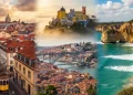 A cinematic wide-angle collage of Portugal featuring Lisbon red rooftops and Tram 28, Porto’s Ribeira district with Dom Luís I Bridge
