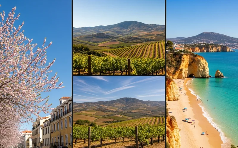 Spring blossoms in Lisbon, autumn vineyards in Douro, summer Algarve beach.