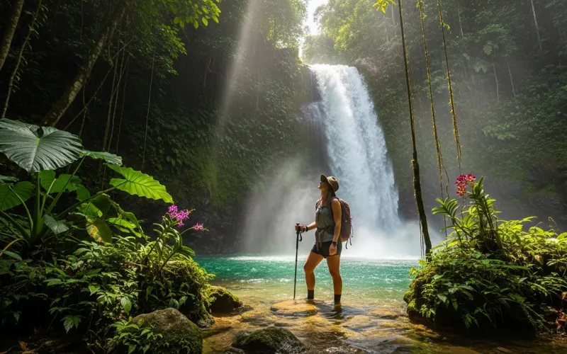 Hiker standing at jungle waterfall pool, tropical foliage, natural swimming hole.