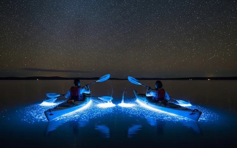Kayakers paddling in glowing blue bioluminescent water at night, starry sky, magical atmosphere.