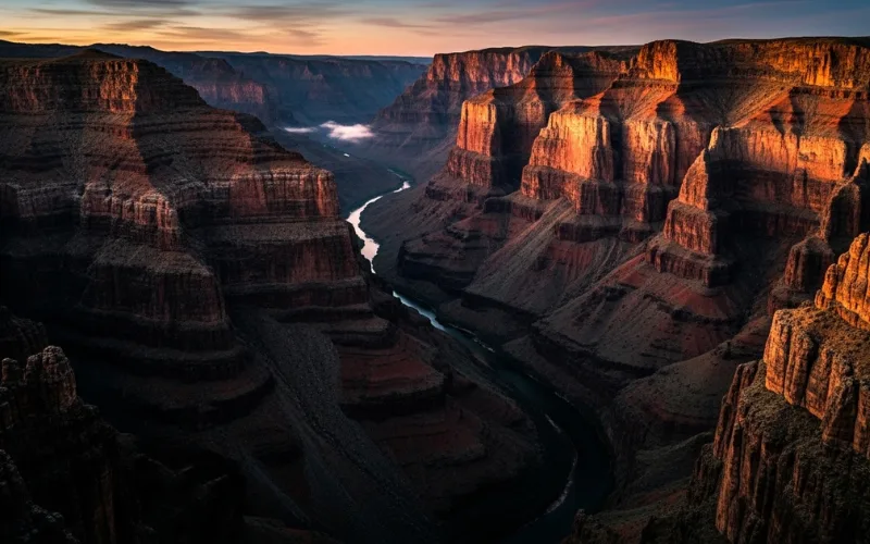Steep dramatic canyon cliffs dropping into river below, dark shadows, rugged landscape, epic depth.