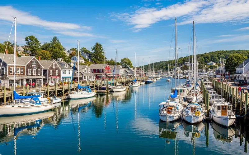 Boothbay Harbor marina, sailboats, calm water reflections, coastal Maine village