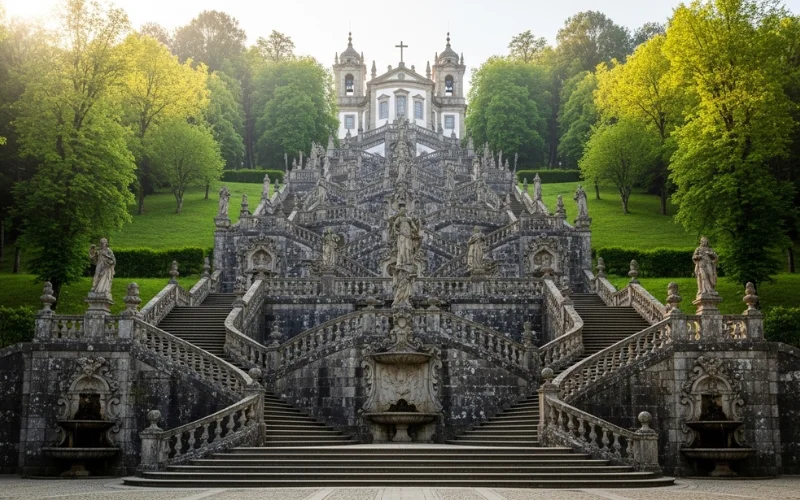 Bom Jesus do Monte baroque staircase, dramatic symmetry, lush green hillside.