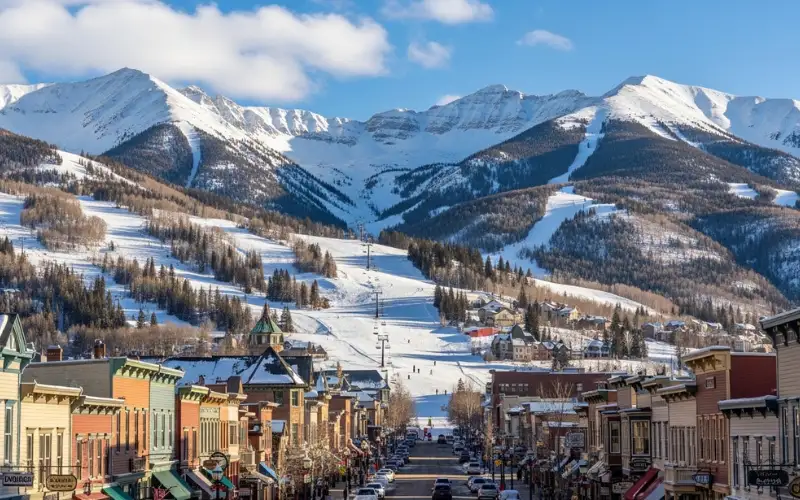 Historic Breckenridge town with colorful Victorian buildings and snow-covered ski slopes behind.