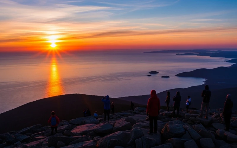 Cadillac Mountain summit sunrise, panoramic ocean view, glowing sky, hikers silhouetted