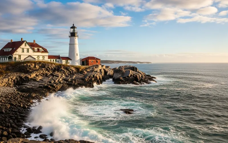 Portland Head Light lighthouse, rocky cliffs, Atlantic waves crashing, golden hour lighting