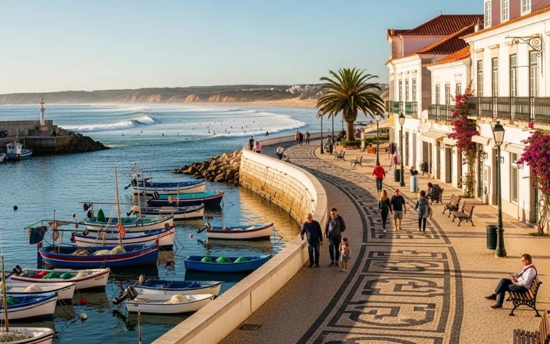 Seaside promenade, fishing boats in marina, Guincho Beach waves, relaxed coastal elegance.