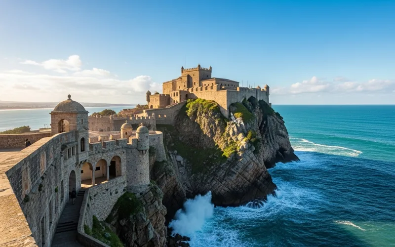 Historic Spanish fortress overlooking Atlantic Ocean, dramatic cliffs, bright blue sky, wide cinematic angle.