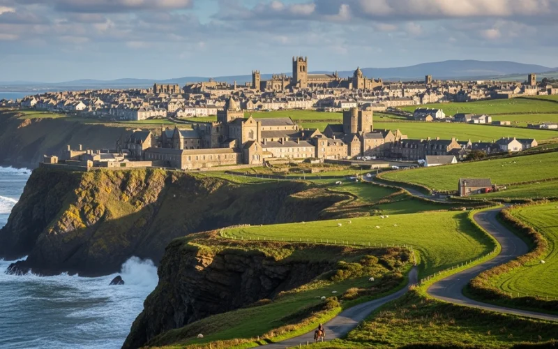 Medieval monasteries, rugged Atlantic cliffs, historic university town skyline.