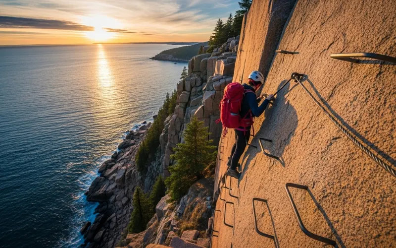 Beehive Trail iron rungs on steep granite cliff, ocean far below, 
