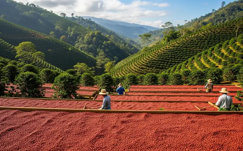 Mountain coffee plantation in Puerto Rico, lush hills, coffee beans drying in sun.