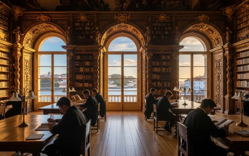 Historic university hilltop view, Joanine Library interior with gold baroque detail.