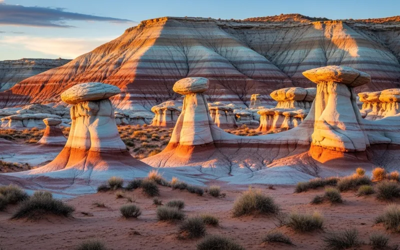 Colorful clay hoodoos and layered rock formations, pastel tones, desert landscape.