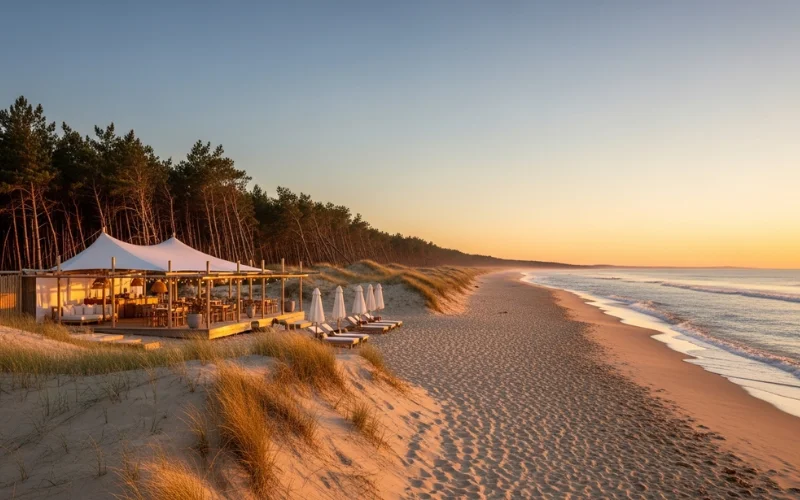 Wide sandy beach with dunes, minimalist beach restaurant, pine forest backdrop.