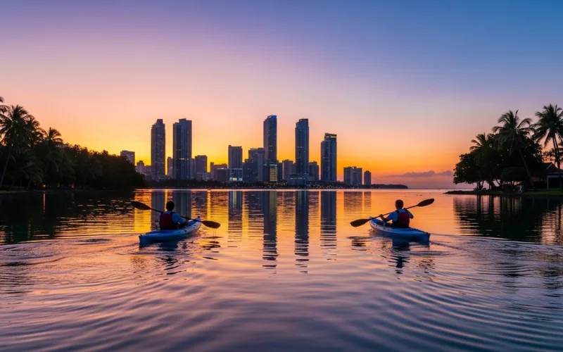 Kayakers paddling in calm lagoon at sunset, city skyline reflection, peaceful tropical water.
