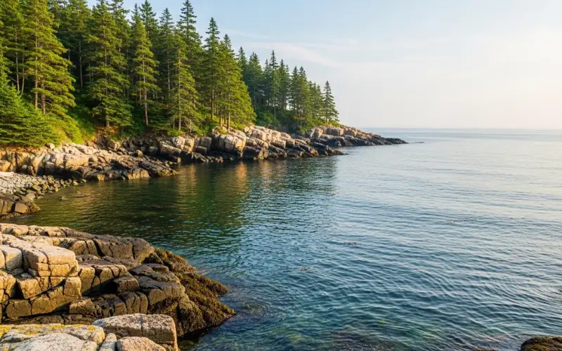 Hidden Maine coastal cove, rocky shoreline, pine trees, quiet ocean, no tourists