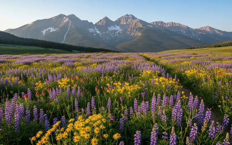 Wildflower fields in Crested Butte with purple and yellow blooms, mountain peaks in background.