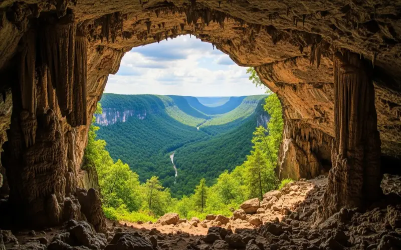 Limestone cave window overlooking lush green valley, dramatic natural frame view.