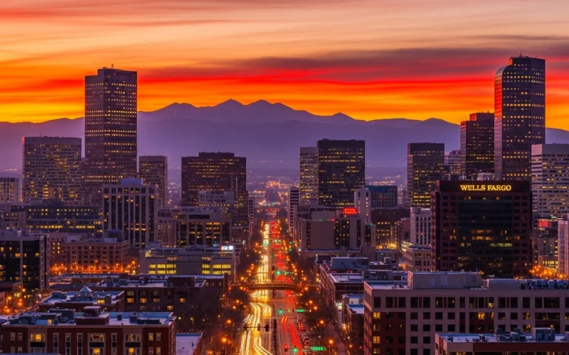 Denver skyline at sunset with Rocky Mountains in background, vibrant city lights, urban energy.