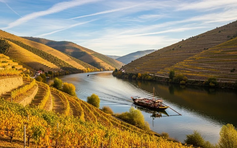 Terraced vineyards along Douro River, golden autumn foliage, river cruise boat.