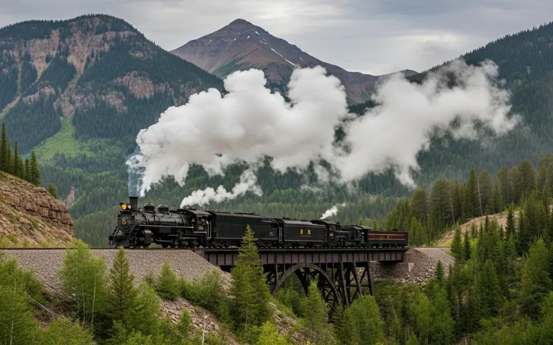 Historic steam train crossing mountain bridge in San Juan Mountains, dramatic scenery.