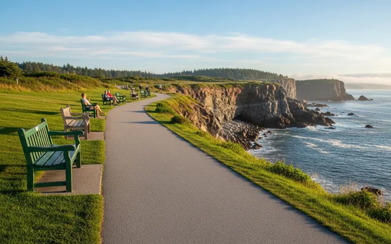 Paved coastal walking path in Ogunquit, ocean cliffs, benches along trail