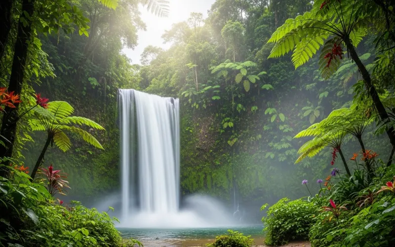 Lush tropical rainforest with waterfall, mist rising, vibrant green jungle.