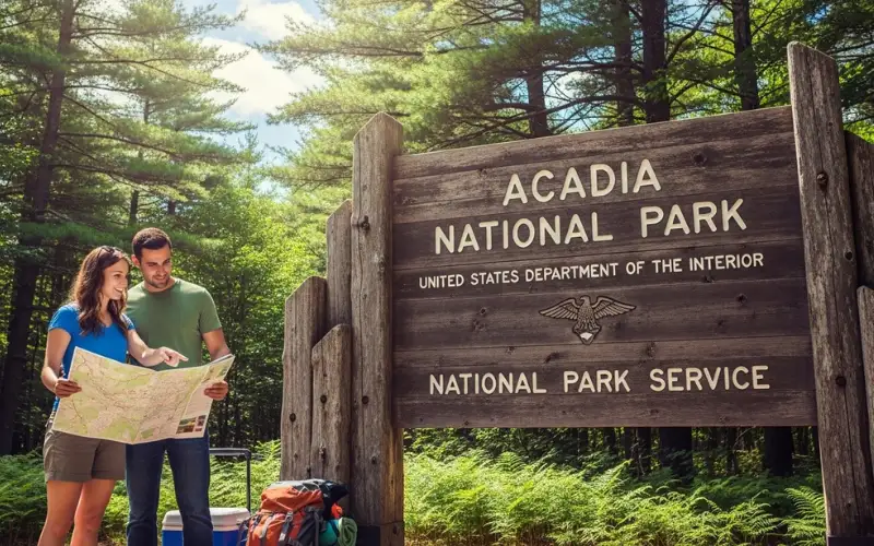 Acadia National Park entrance sign, forest background, summer daylight