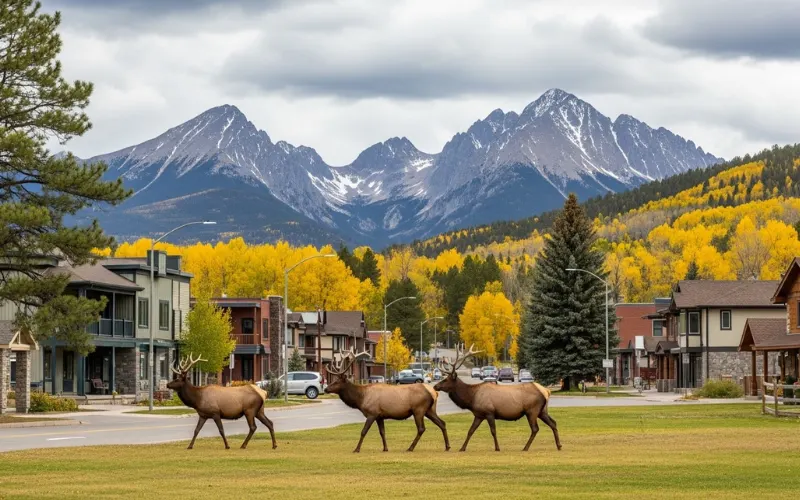 Elk walking through Estes Park town during fall, mountain backdrop, autumn colors.