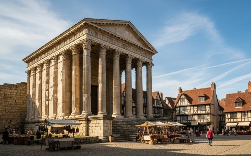 Roman Temple of Diana columns, medieval square, blue sky backdrop, quiet historic charm.