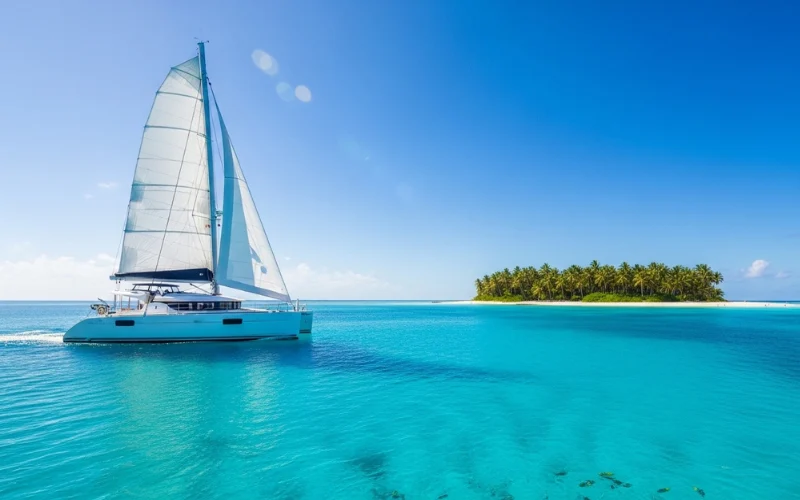 Catamaran sailing to small tropical island, crystal clear water, bright blue sky.