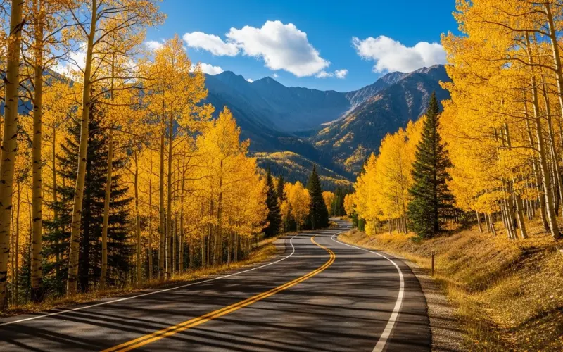 Golden aspen trees glowing in sunlight, mountain road, vibrant autumn colors.