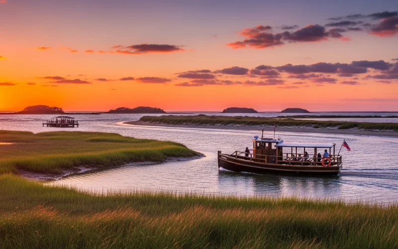 Lagoon islands, wooden ferry boat, salt marshes at sunset, untouched barrier island beach.
