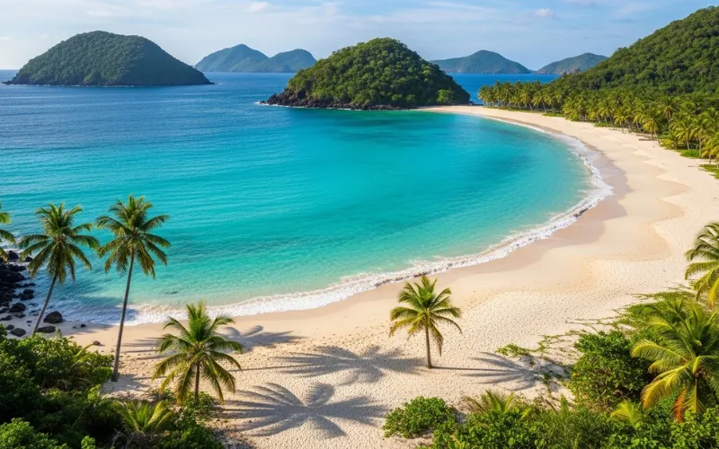 Horseshoe-shaped white sand beach, unreal turquoise water, small island hills in backgroun.