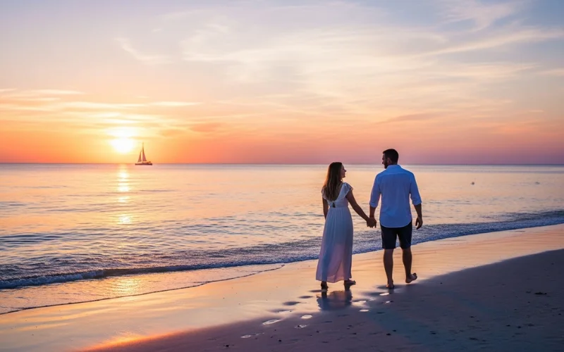 Romantic sunset beach scene with two people walking hand-in-hand along a quiet shoreline.